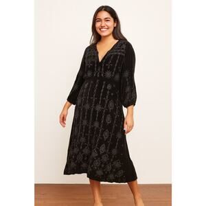 Johnny Was Althea Black Velvet Embroidered Button Neck Dress Size XL